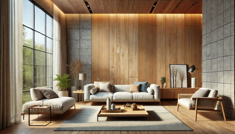 Tekstur alami WPC wall panel untuk interior ruang tamu modern