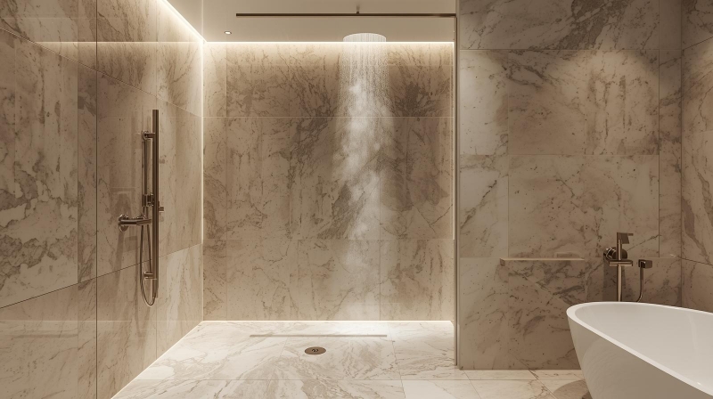 Showroom CV Berkibar Bangun Bersama di BSB City Semarang menyediakan granit big slab dan water heater.