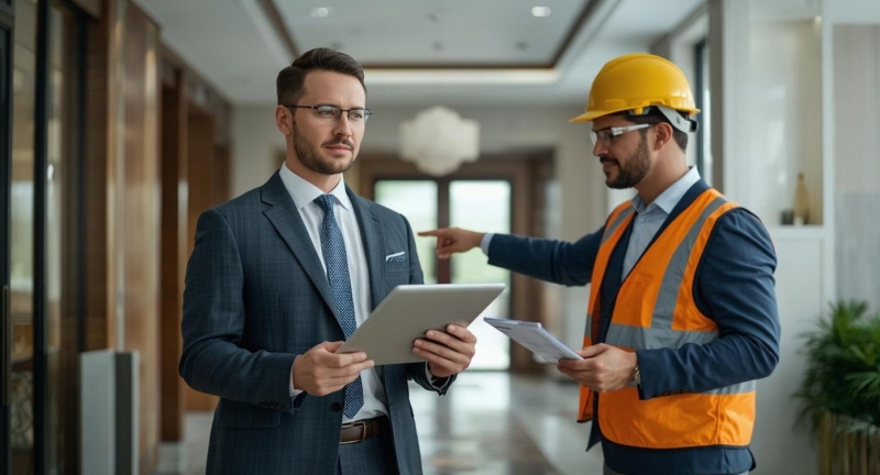 Melindungi Investasi Properti: Rayap & Manajemen Risiko Aset, Manajer properti melakukan inspeksi manajemen risiko struktural untuk melindungi valuasi aset