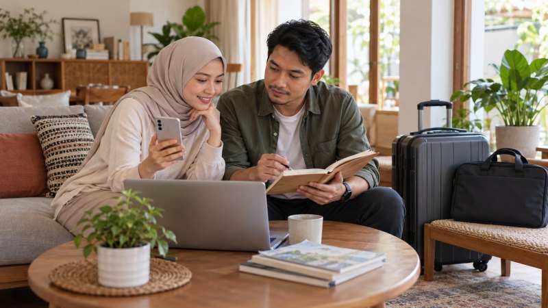 Pasangan merencanakan perjalanan dengan ponsel dan buku catatan, ditemani koper serta tas kerja.